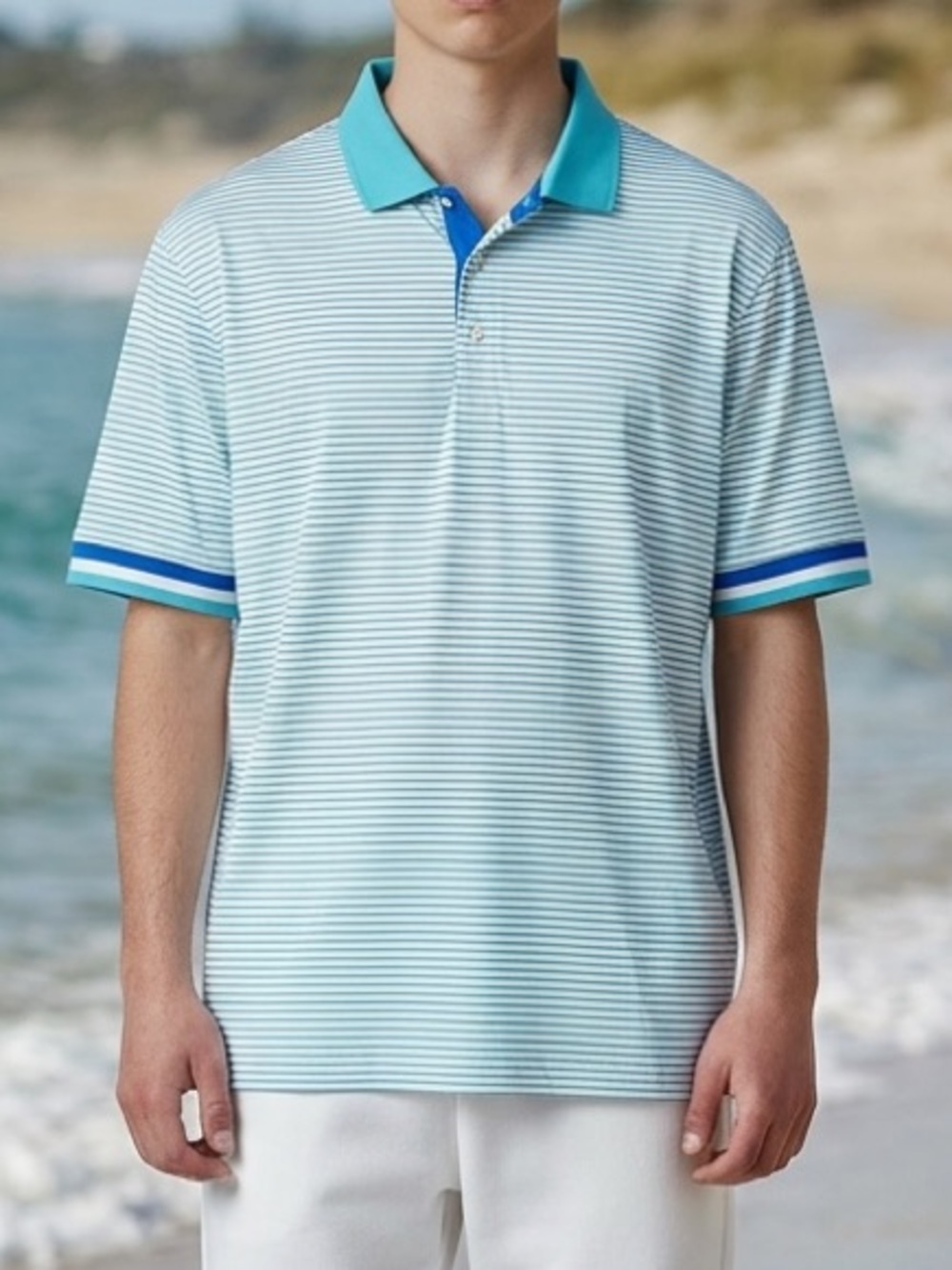 NWT Redvanly Poirier Curaçao Blue Stripe Polo Golf Shirt Short Sleeve